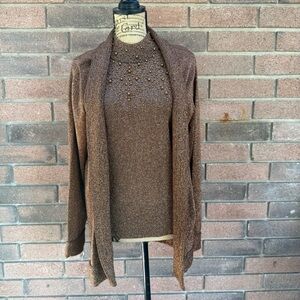 Investments Brown Women's Cardigan Sweater and High Neck Beaded Top Size Large